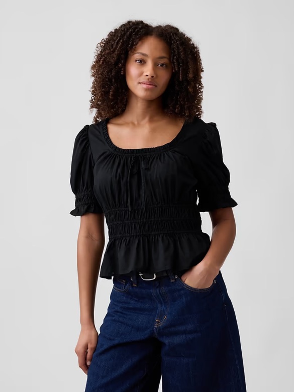 GAP Black Smocked Square Neck Puff Sleeve Blouse
